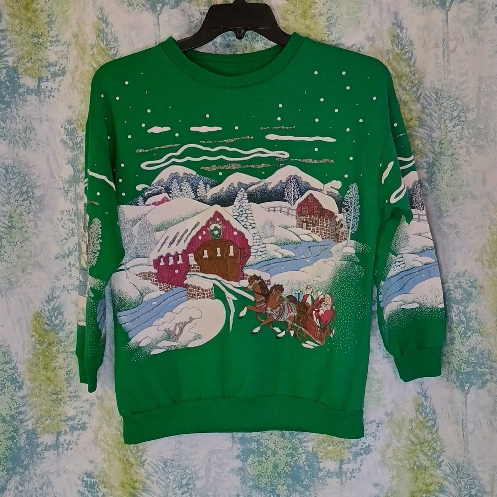 Vintage Christmas sweatshirt green with winter scene
